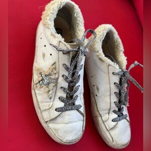 Authentic Golden Goose Superstar shearling-lined distressed glittered sneakers